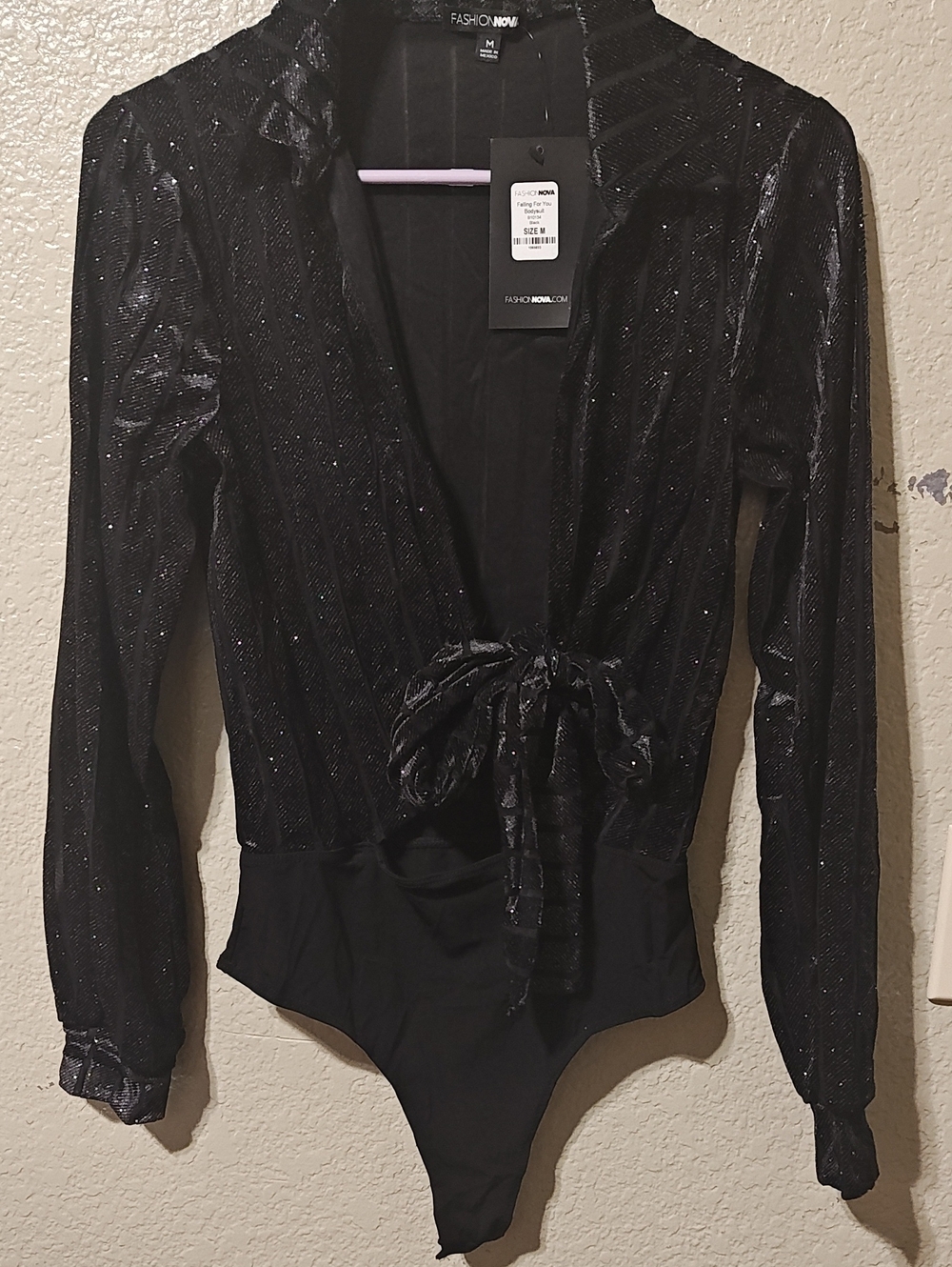 Fashion Nova Black Sparkle Tie-Front Long Sleeve Bodysuit